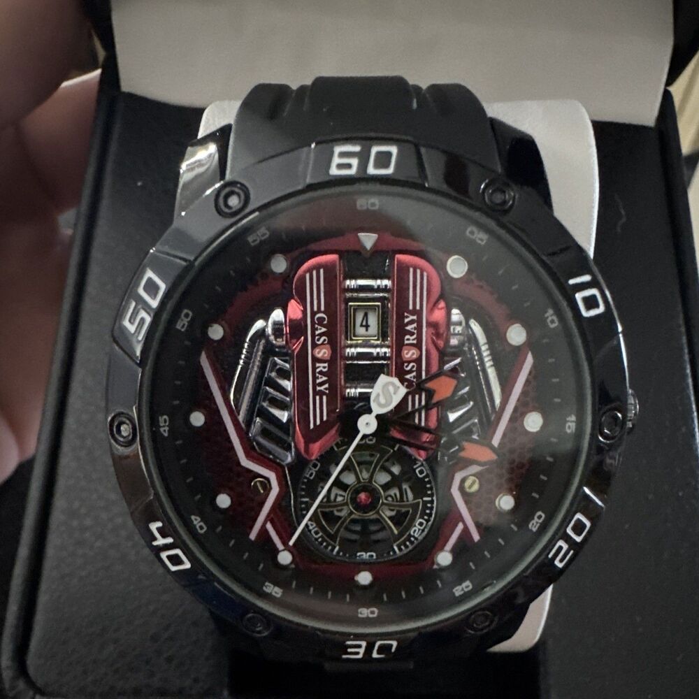 Cass Ray Quartz Analog Watch Date Water-Resistant Black/Red Dial Rubber Strap